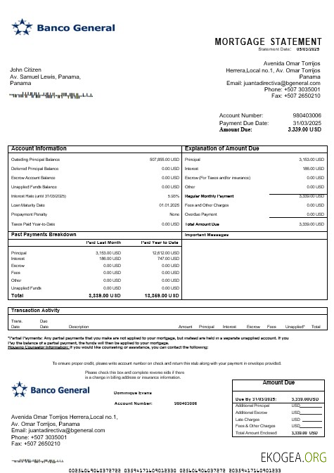Relevé hypothécaire général de Panama Banco aux formats Word et PDF